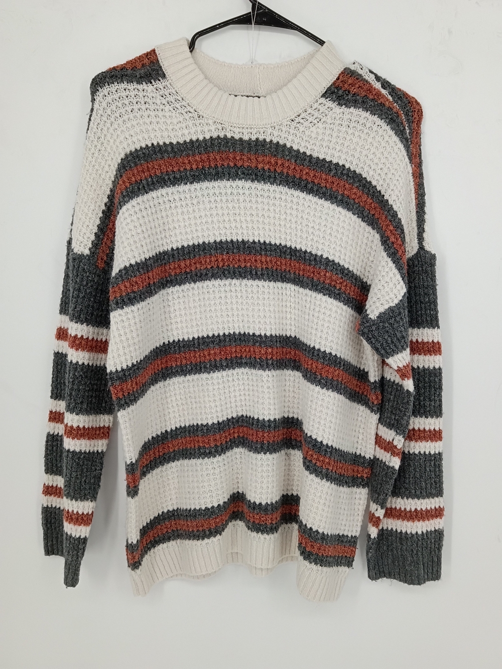 American Eagle Outfitters Cream Crewneck Knit Sweater with Gray and Rust Stripes